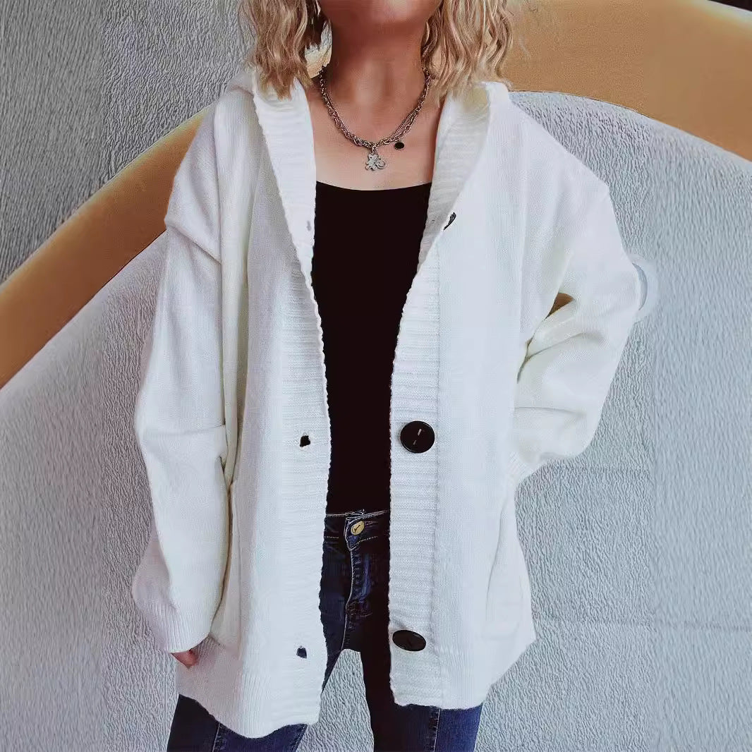 Damen bequeme Strickjacke mit Kapuze und praktischen Taschen EB