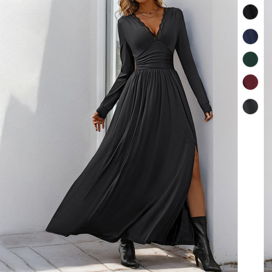 Damen Elegantes Maxikleid mit hochwertiger Spitzenverzierung und seitlichem Schlitz EB
