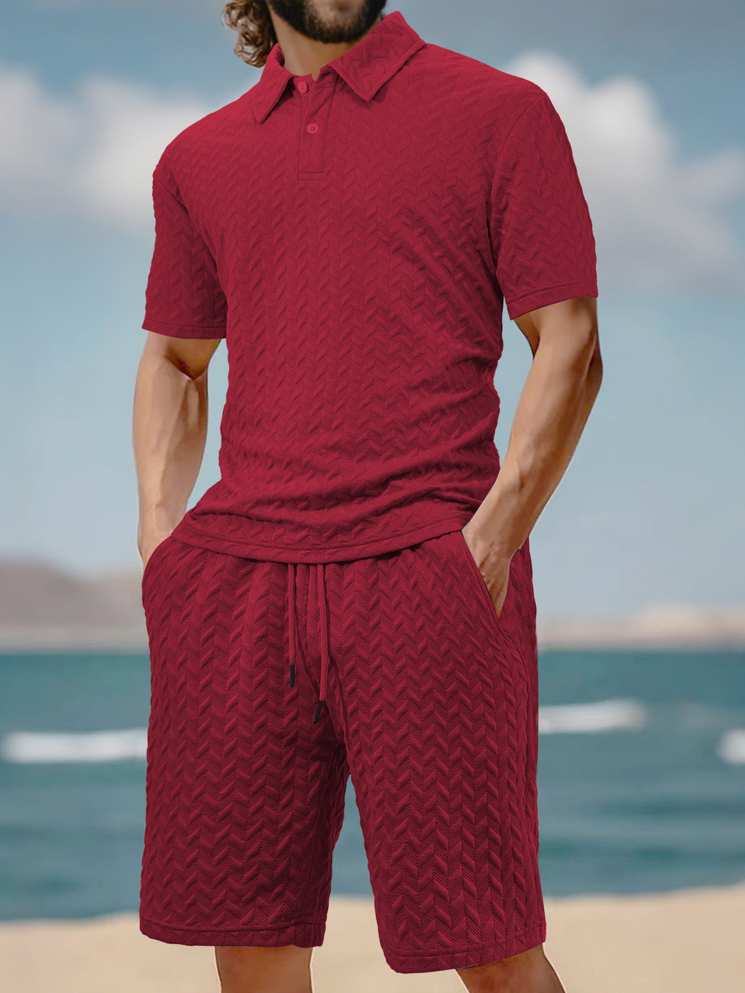 Herren nan geprägtes Strand-Ensemble mit offenem Kurzarm-Hemd und Kordel-Bermuda EB