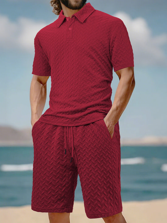 Herren nan geprägtes Strand-Ensemble mit offenem Kurzarm-Hemd und Kordel-Bermuda EB