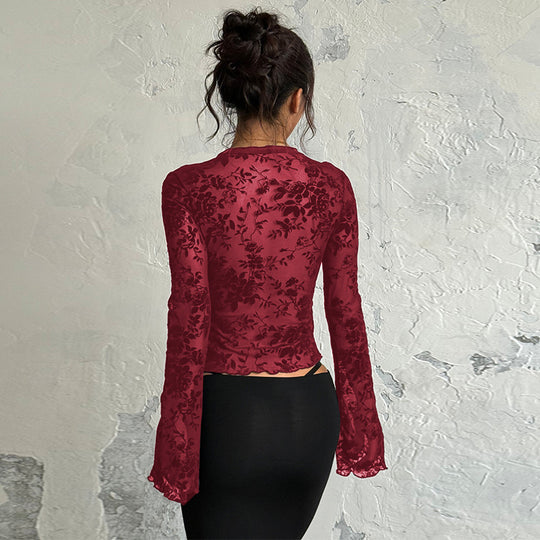 Damen Transparentes Spitzenoberteil mit floralem Design EB