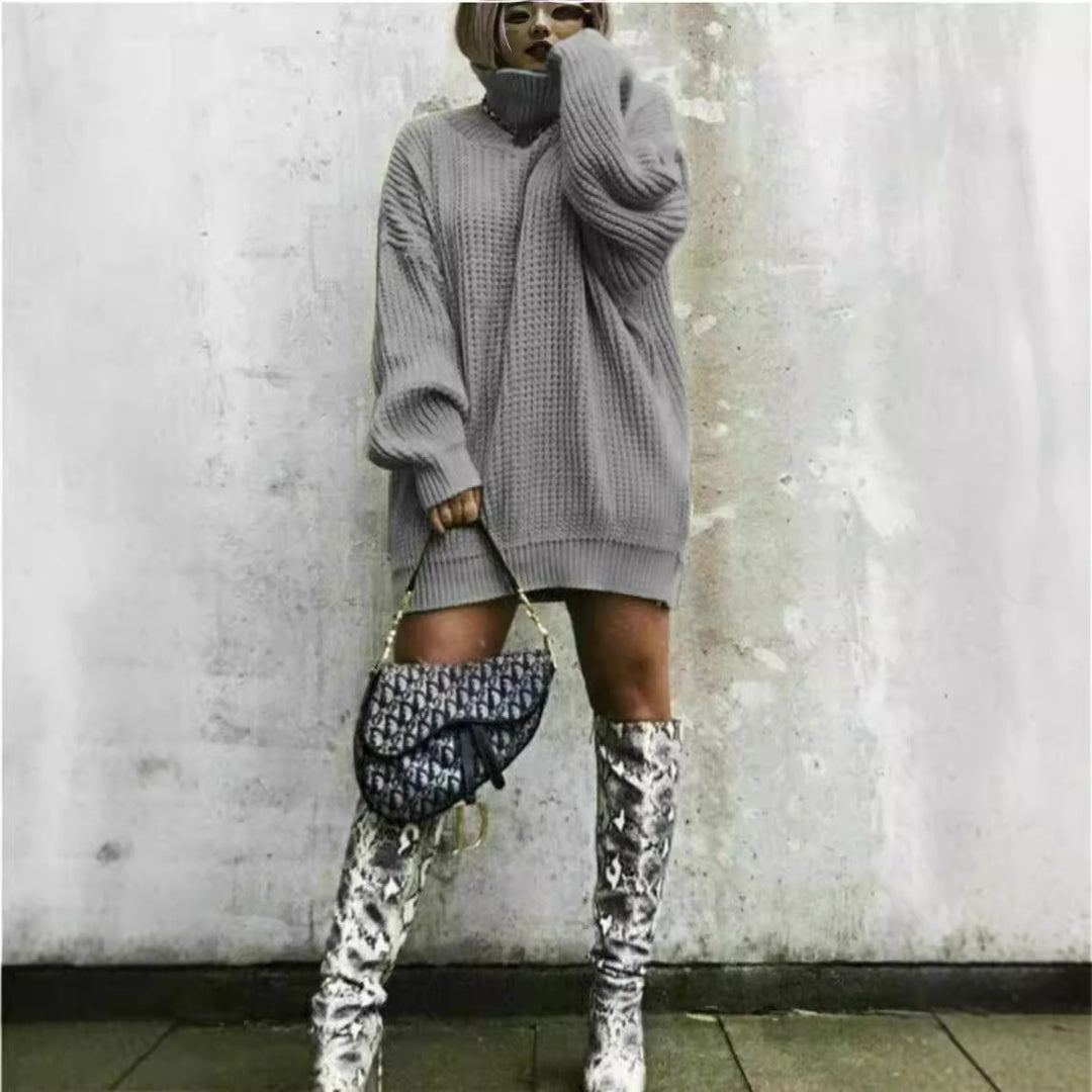 Damen Oversized Strickpullover mit hohem Kragen und Waffelmuster EB