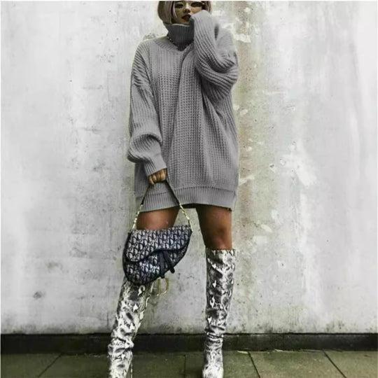Damen Oversized Strickpullover mit hohem Kragen und Waffelmuster EB