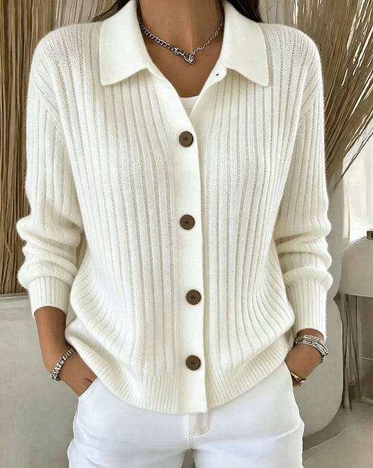 Damen Feiner gerippter Knopf‑Cardigan mit Hemdkragen und kastiger Silhouette EB