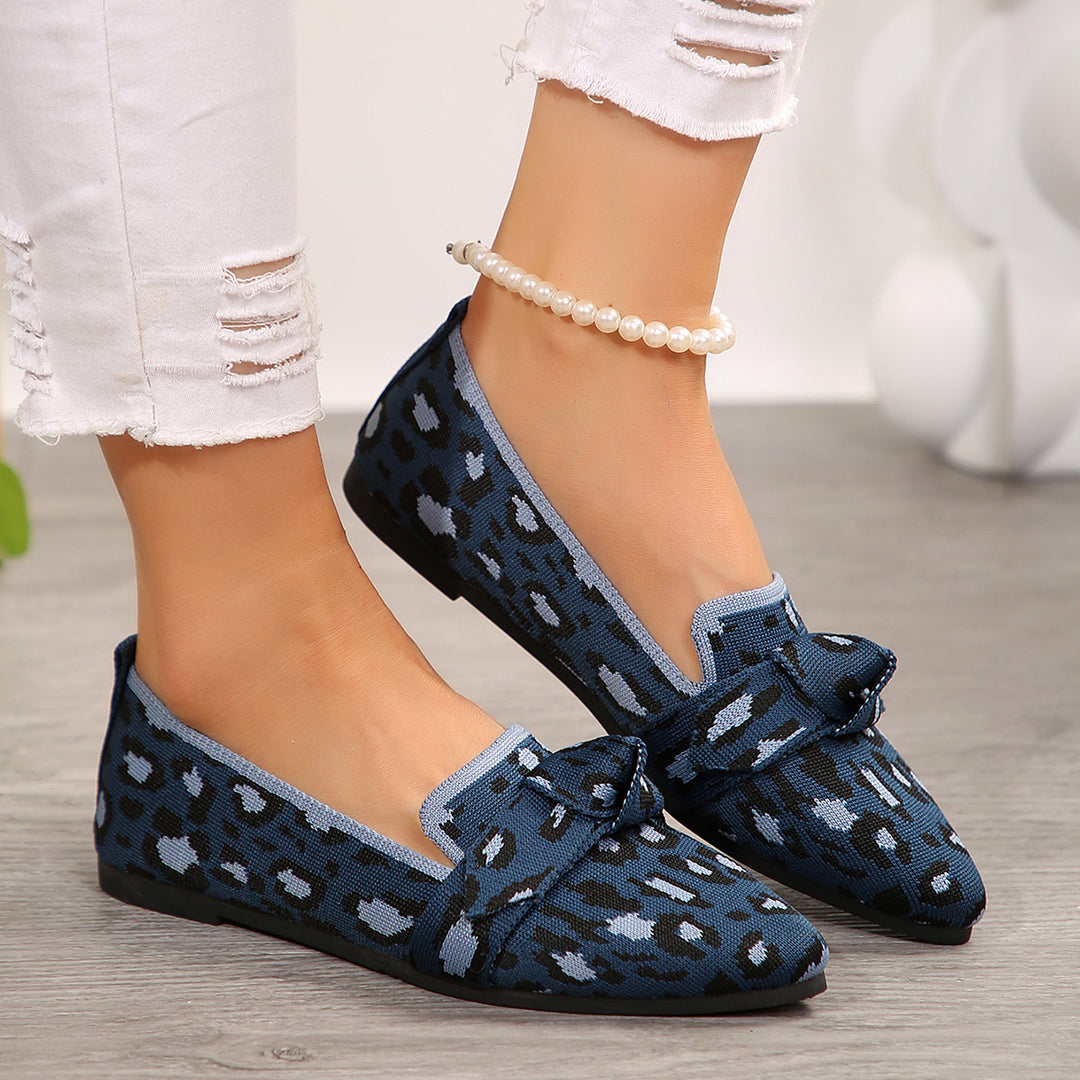 Damen  spitze Slipper aus gestricktem Animal-Print mit dekorativer Schleife und gepolstertem Komfortfußbett EB