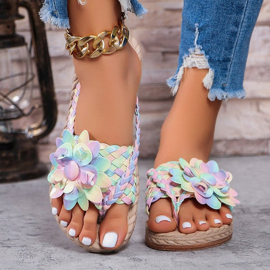 Damen Geflochtene Zehentrenner‑Sandalen mit XXL‑Blütenapplikation und gepolstertem Komfortfußbett EB