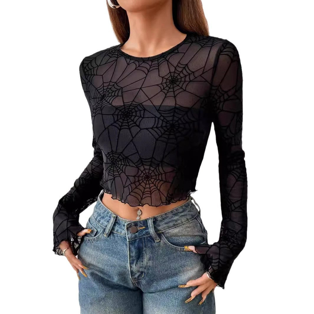 Damen Langärmliges Crop-Top mit Spinnennetz-Design EB