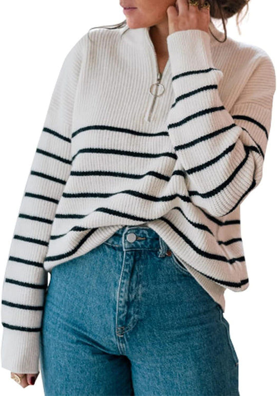 Damen lässiger Pullover mit kurzem Reißverschluss und Streifenmuster EB