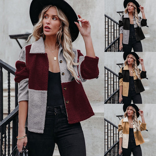 Damen kuschelige Oversized-Jacke im Patchwork-Stil EB