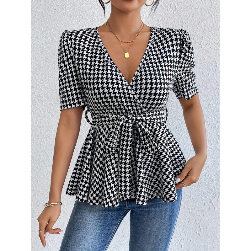 Damen Wickelbluse mit lässigem Schnitt und modischem Hahnentritt-Muster EB