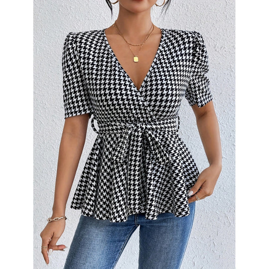 Damen Wickelbluse mit lässigem Schnitt und modischem Hahnentritt-Muster EB