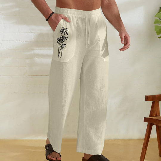 Herren Bequeme Leinenhose mit praktischem Kordelzug und Palmendruck EB