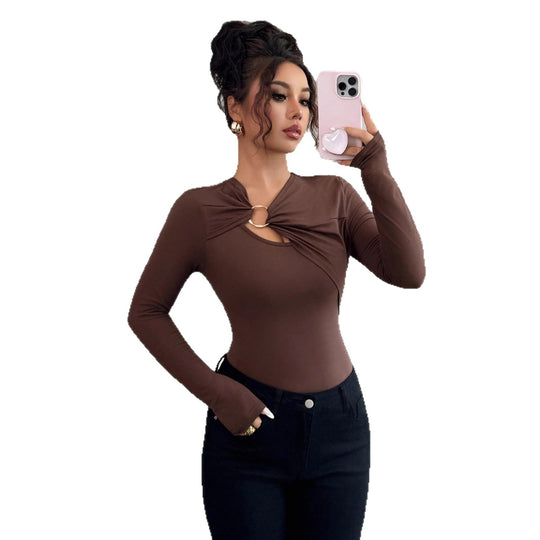 Damen nan figurbetonter Langarm-Body mit Leopardenprint und Zier-Ring EB