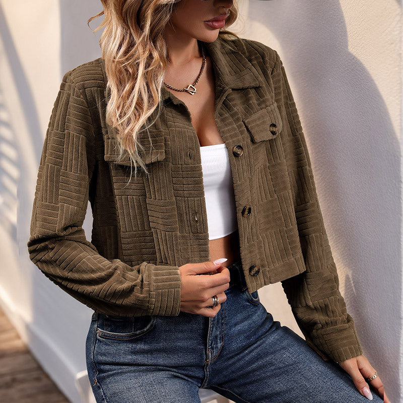 Damen lässige Cordjacke mit strukturiertem Design und praktischen Taschen EB