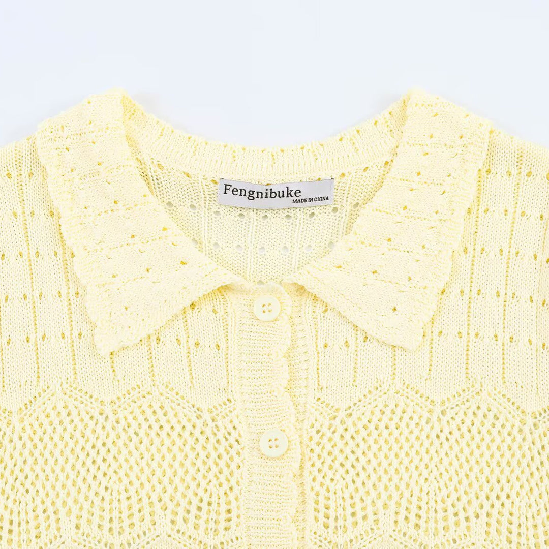 Damen Kurzarm Strickjacke mit feinem Lochmuster und klassischem Kragen EB