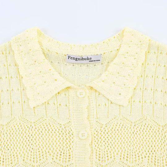 Damen Kurzarm Strickjacke mit feinem Lochmuster und klassischem Kragen EB