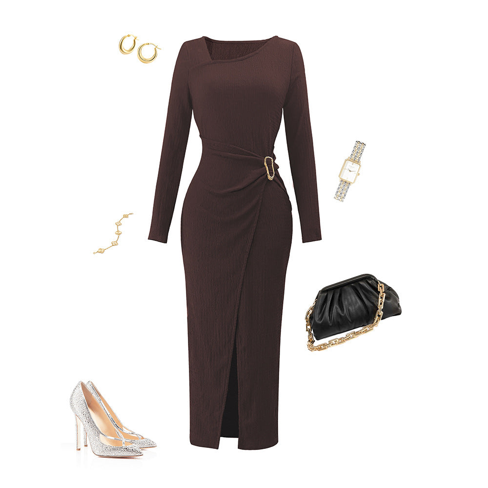 Damen asymmetrisches Wickel-Midikleid mit Ziergürtel, Drapierung und hohem Beinschlitz Eichborn Berlin