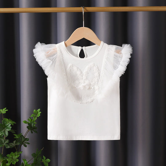 Mädchen T-Shirt mit luftigen Tüllärmel und besticktem Bunny-Motiv EB