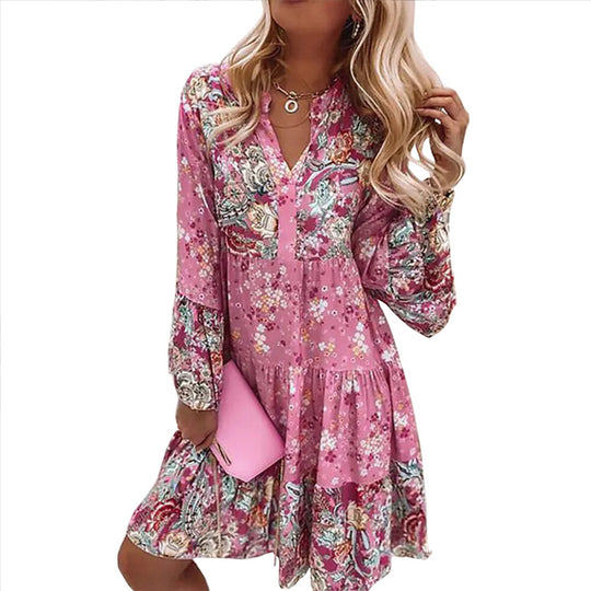 Damen Sommerkleid mit floralen Mustern und schwingendem Rock EB