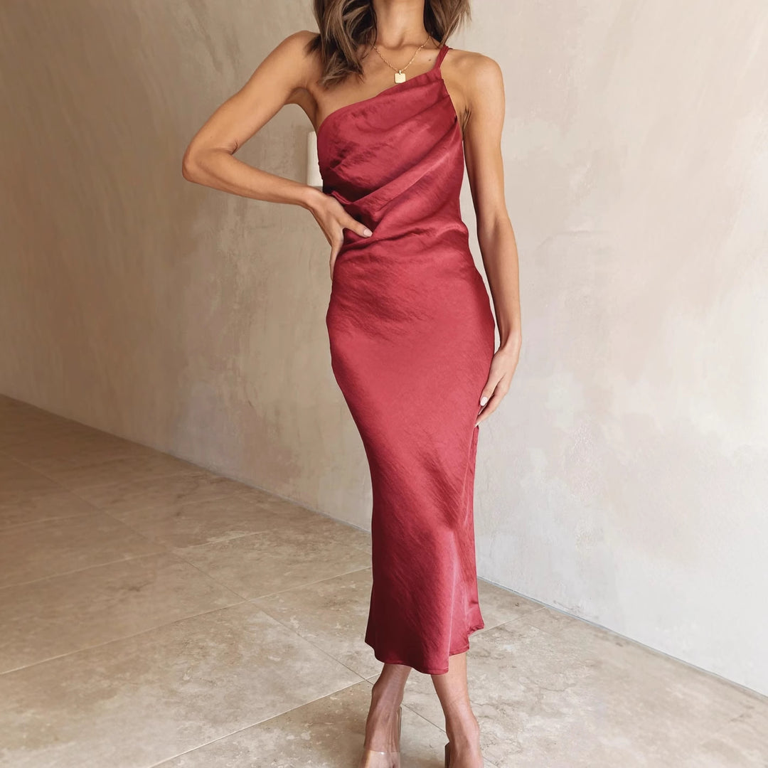 Damen Satin-Midikleid mit asymmetrischem Schnitt und elegantem Flair EB