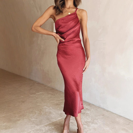 Damen Satin-Midikleid mit asymmetrischem Schnitt und elegantem Flair EB