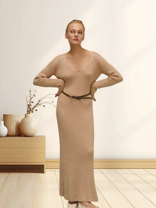 Damen Langarm-Strickkleid mit tiefem V-Ausschnitt und figurbetonter Silhouette EB