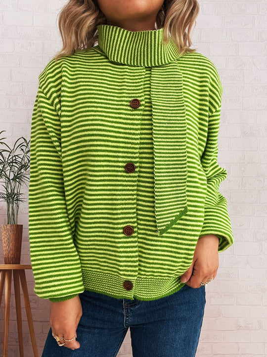 Damen gestreifte Strickjacke mit modernem Kragen und Knopfverschluss EB