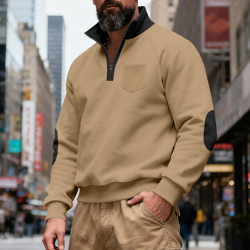Herren nan Quarterzip-Sweatshirt mit Stehkragen, kontrastiertem Reißverschluss, Ellbogenpatches und Brusttasche EB