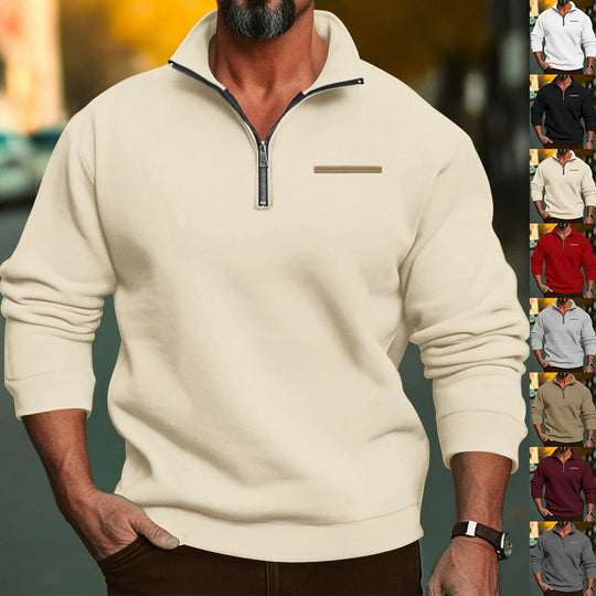 Herren nan hochwertiger Sweatpullover mit Metall-Halbzip, verstärktem Stehkragen und dezenter Brustpaspel EB
