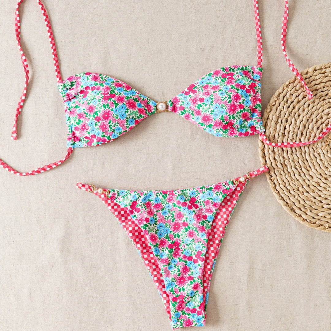 Damen Bikini-Set mit raffiniertem Leopardenmuster und eleganten Perlendetails EB