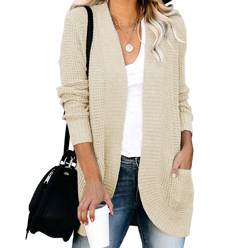 Damen lässige Strickjacke mit offenen Ärmeln und praktischen Taschen EB