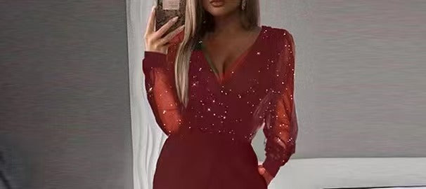 Damen Eleganter Jumpsuit mit transparenten Ärmeln und funkelnden Details EB