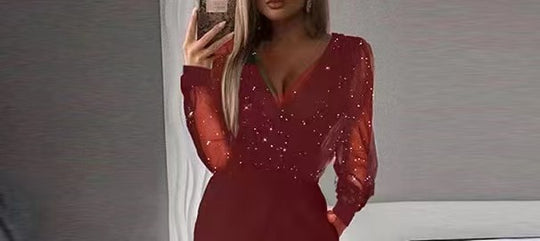 Damen Eleganter Jumpsuit mit transparenten Ärmeln und funkelnden Details EB