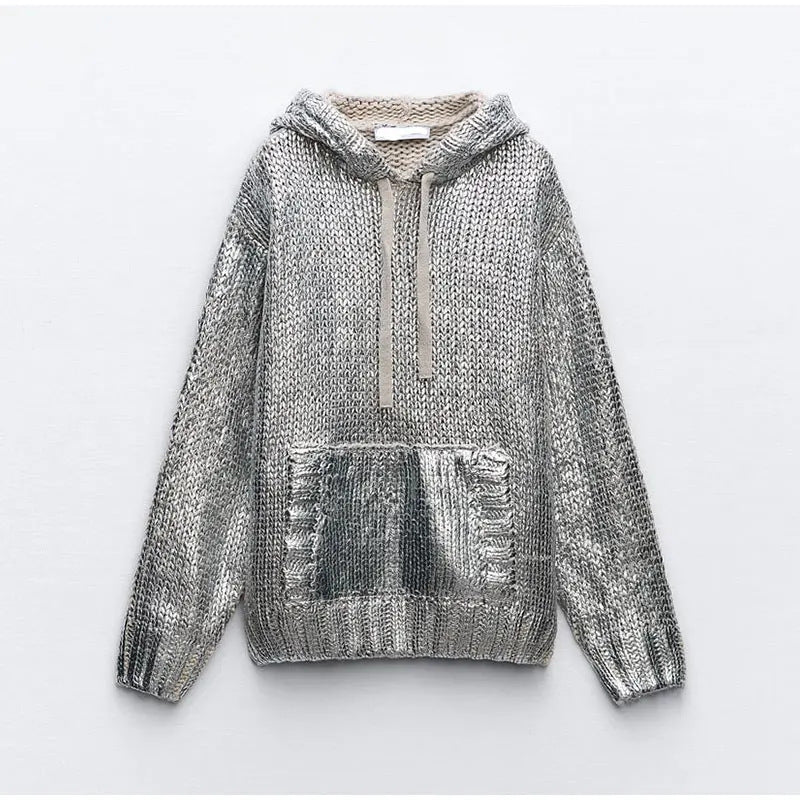 Damen Glitzernder Strickpullover mit Kapuze und praktischer Kängurutasche EB