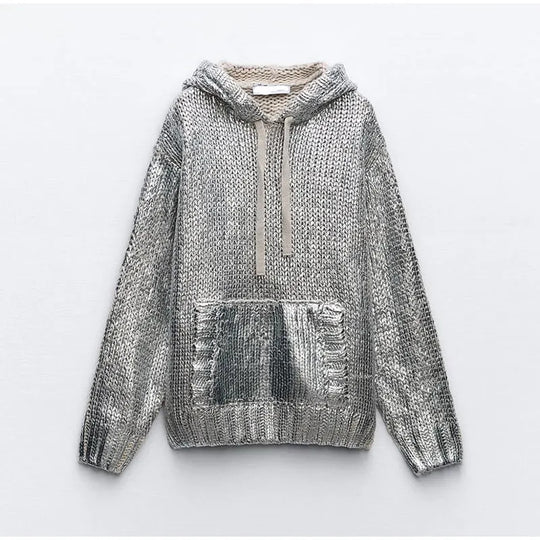 Damen Glitzernder Strickpullover mit Kapuze und praktischer Kängurutasche EB