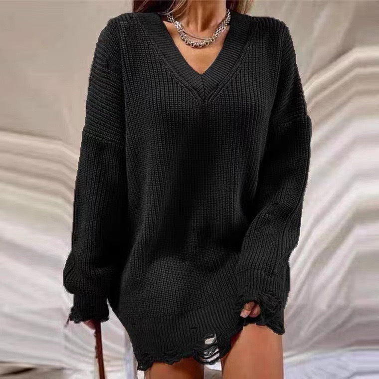 Damen Grobstrick Pullover mit V-Ausschnitt und lässigem Schnitt EB