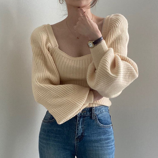 Damen Cropped Pullover mit voluminösen Ärmeln und Rippstruktur EB