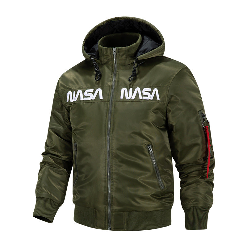 Men's  quilted-lined hooded pilot bomber with high-neck rib collar and zip sleeve utility pocket EB
