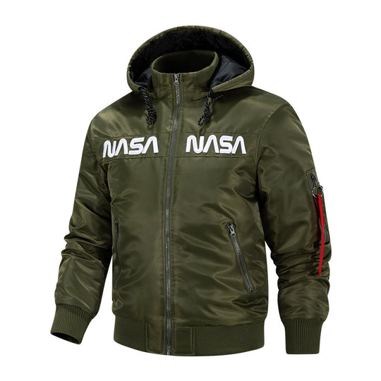 Men's  quilted-lined hooded pilot bomber with high-neck rib collar and zip sleeve utility pocket EB