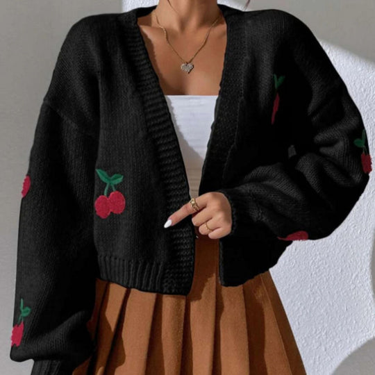 Damen Strickjacke mit floralem Kirschmotiv EB