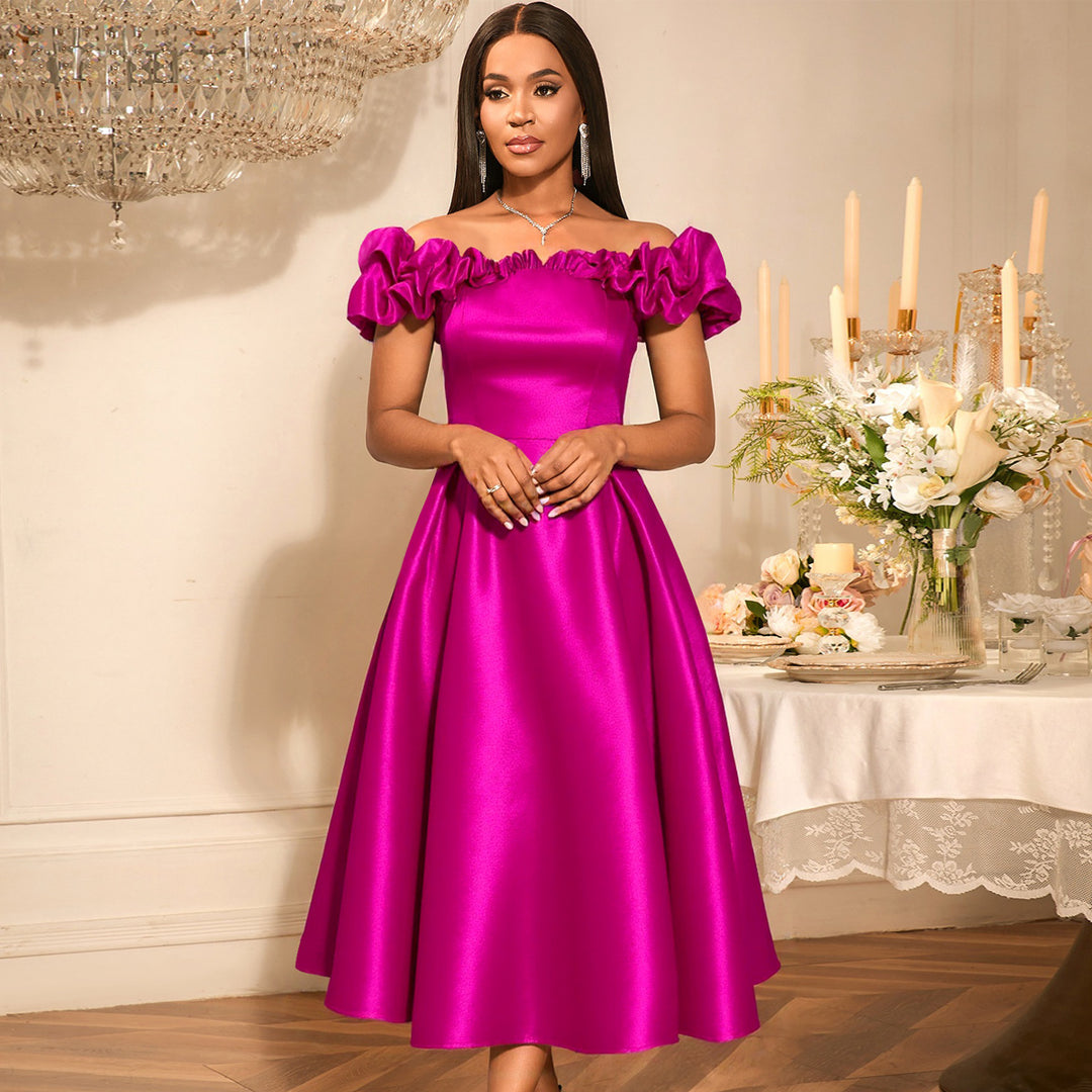 Damen Midi-Party Kleid mit schulterfreiem Design und voluminösen Rüschen EB