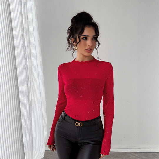Damen Eleganter Bodysuit mit funkelnden Details und Rüschenkragen EB