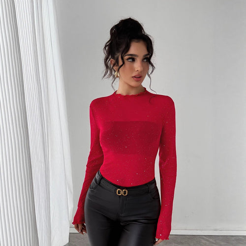 Damen Eleganter Bodysuit mit funkelnden Details und Rüschenkragen EB