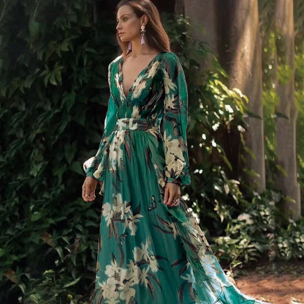 EB | Damen Maxikleid Fließendes V-Ausschnitt