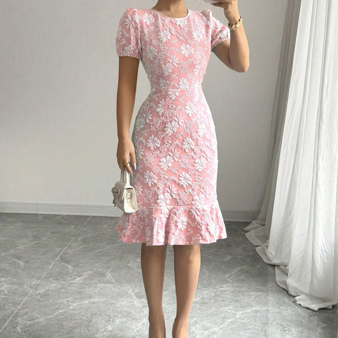 Damen Midi-Kleid mit floralen Applikationen und voluminösen Ärmeln EB