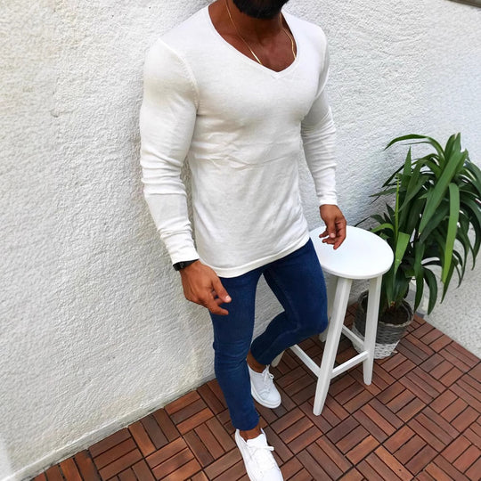 Herren elegantes Langarmshirt mit V-Ausschnitt und figurbetontem Schnitt EB