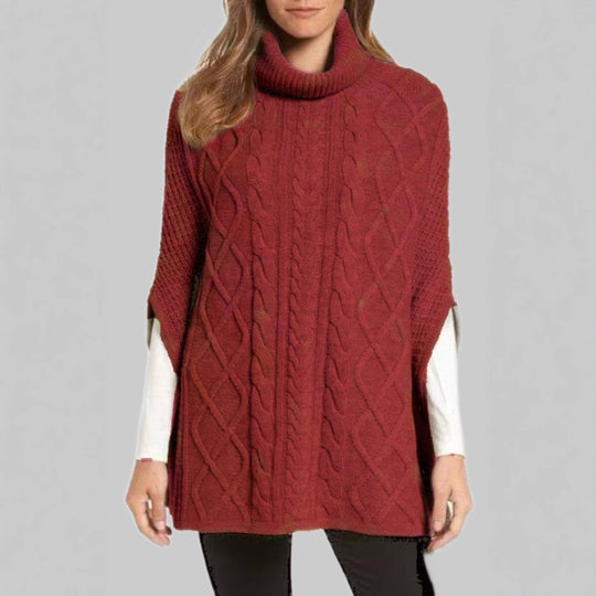 Damen Strickponcho mit hohem Kragen und klassischen Zopfmuster EB