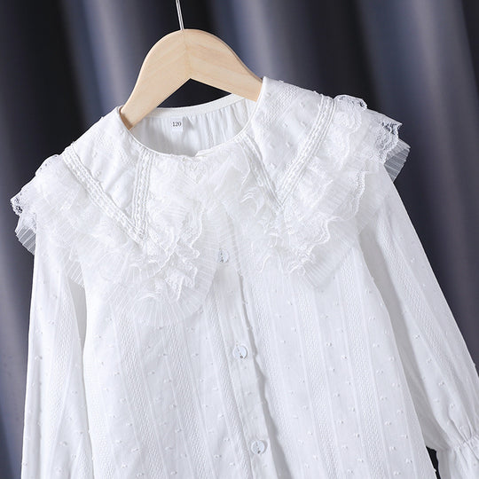 Mädchen Bluse mit voluminösem Rüschenkragen und feinen Stickereien EB