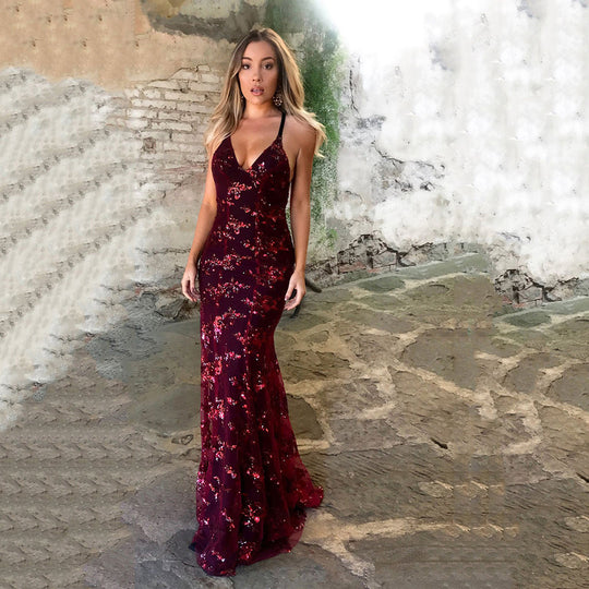 Damen Glamouröses langes Abendkleid mit Pailletten und tiefem V-Ausschnitt EB