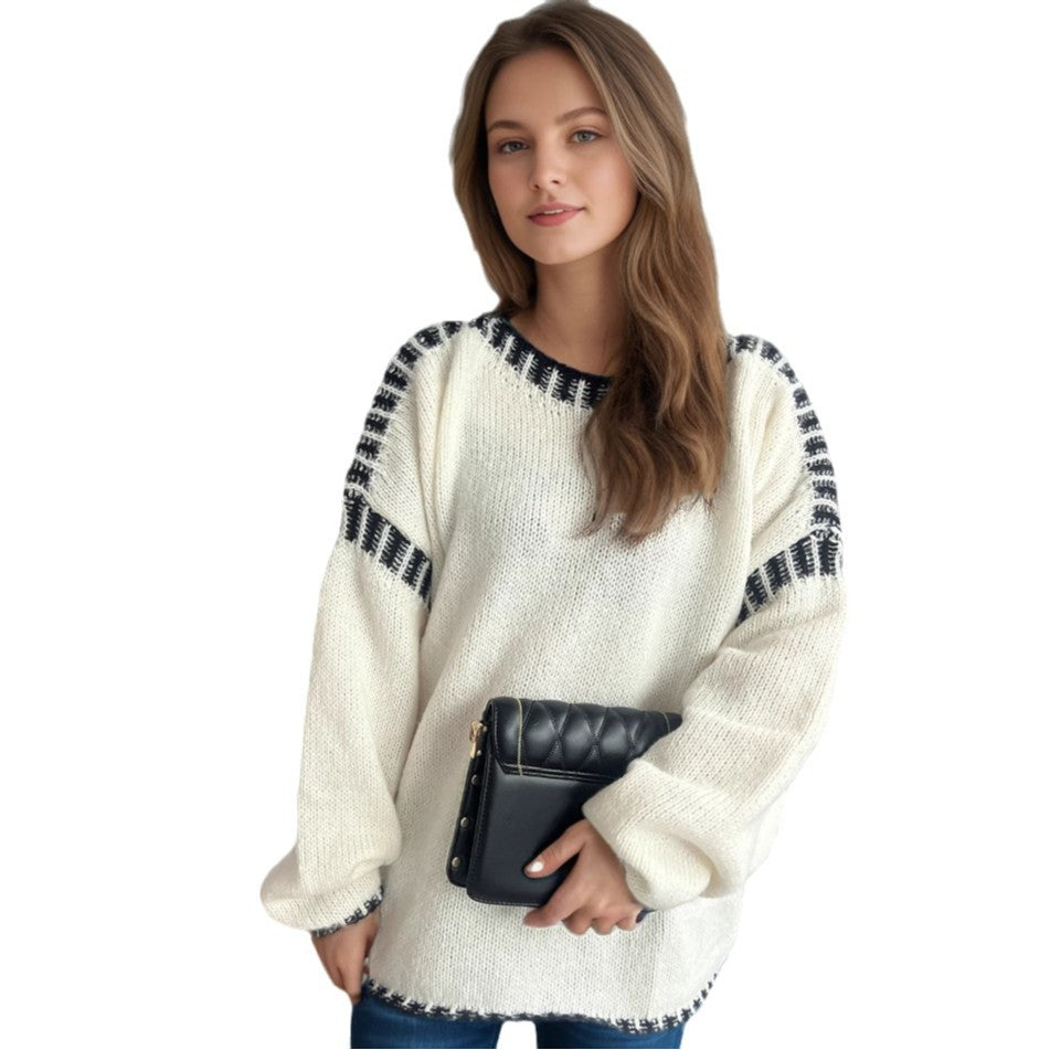 Damen lässiger Oversized-Pullover mit modischem Streifenmuster und strukturiertem Design EB